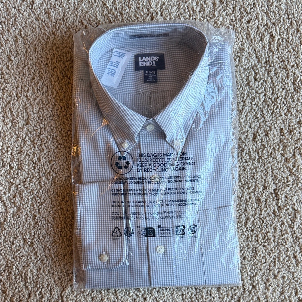 Lands' End Men's Light Grey Gingham Micro-Check Dress Shirt